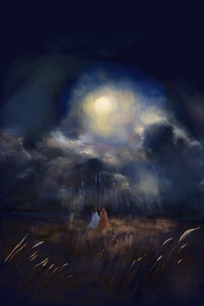 Two figures approach a gate in a field under a bright moon