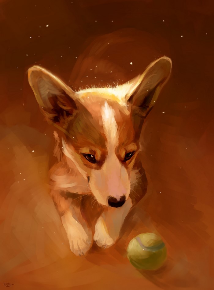 Painting of a Welsh Corgi with a ball