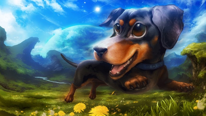 Funny Dachshund Dog Running in a Fantasy Landscape
