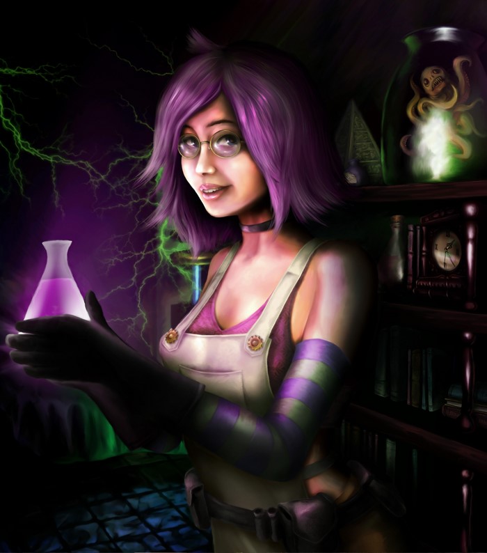 Woman with purple hair and glasses in a lab