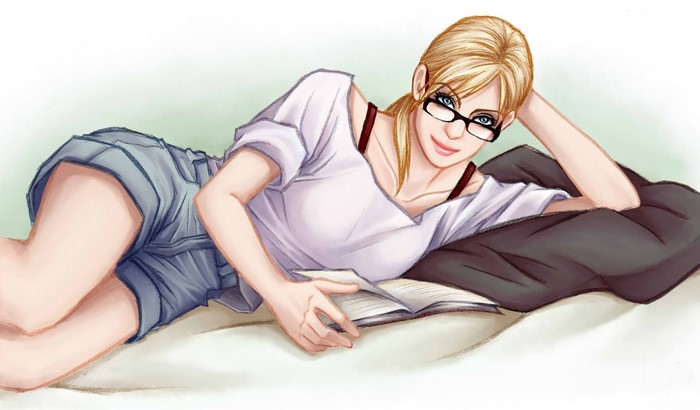 Woman with glasses reading a book