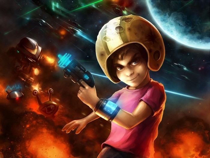 Commander Keen with a ray gun in space battle