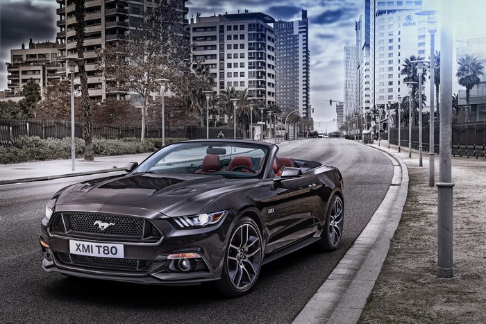 Grey Ford Mustang Cabriolet on a City Street