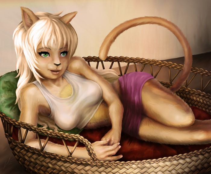 Neko Girl Lying in a Wicker Basket