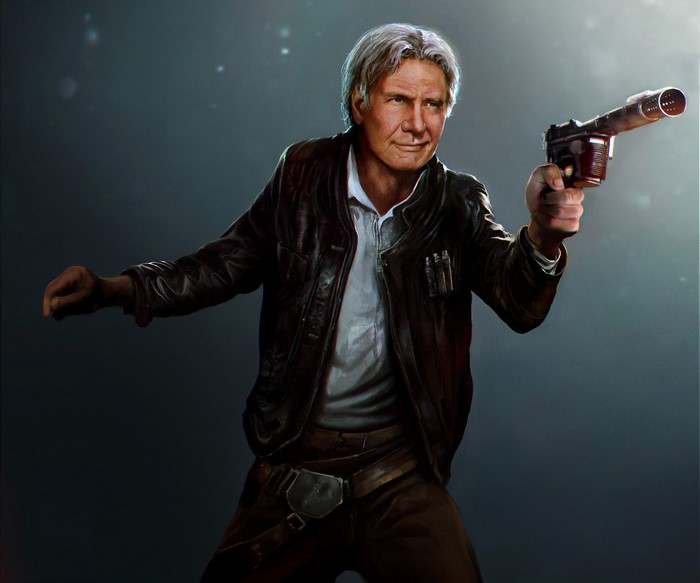 Han Solo from Star Wars holding a blaster pistol