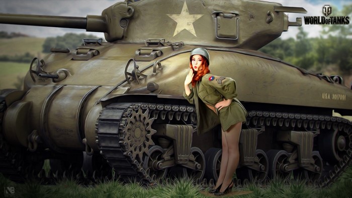 Pin-up girl with M4 Sherman tank from World of Tanks