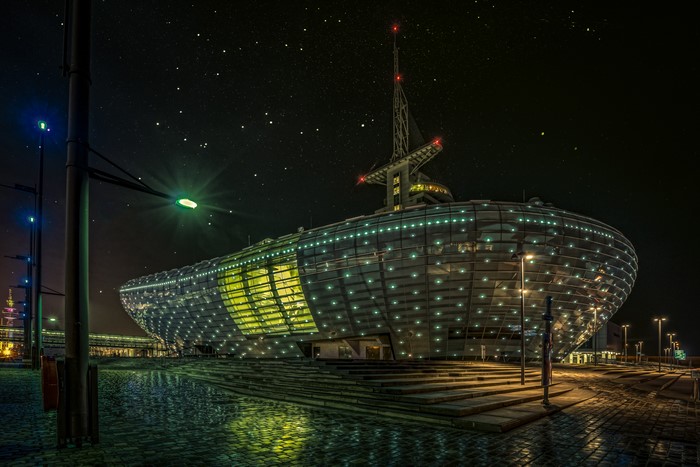 Klimahaus Bremerhaven at Night with Stars