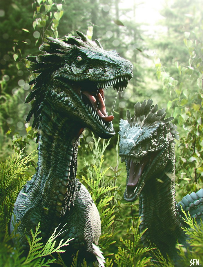 Two Velociraptors in a Forest