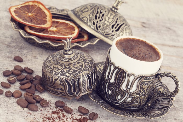 Turkish Coffee Cup with Dried Oranges and Coffee Beans