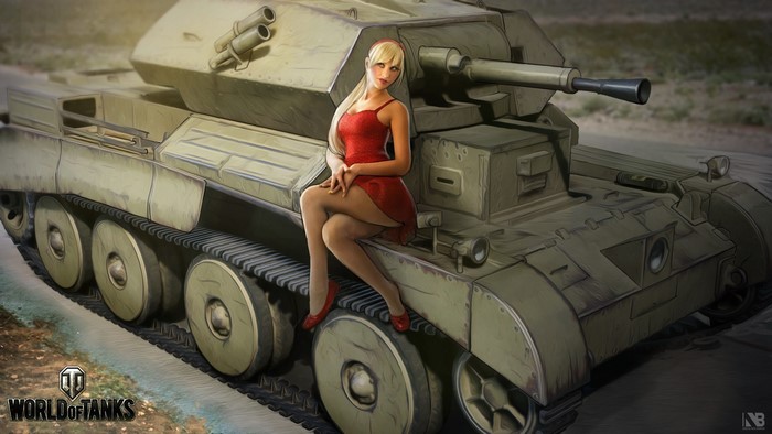 Woman in red dress on World of Tanks Cruiser III tank