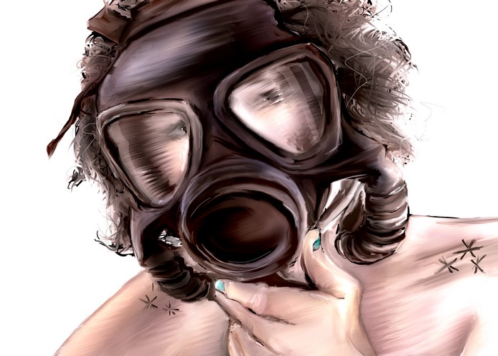 Painting of a person wearing a gas mask