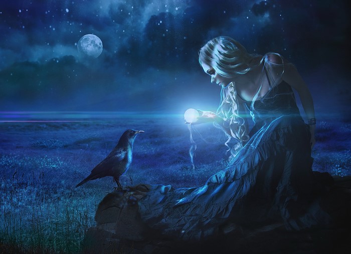 Woman with crystal ball and crow under the moon