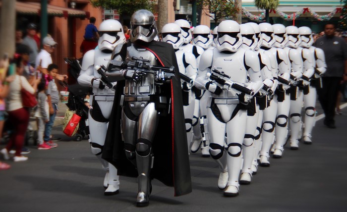 Captain Phasma and Stormtroopers from Star Wars marching