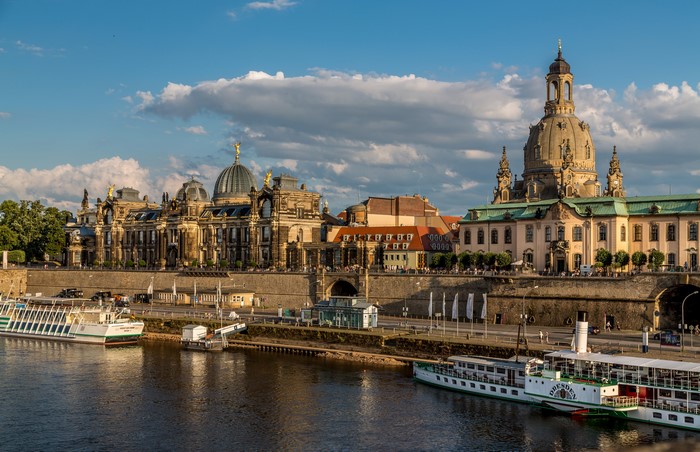 Dresden, Germany riverfront with historic buildings and boats