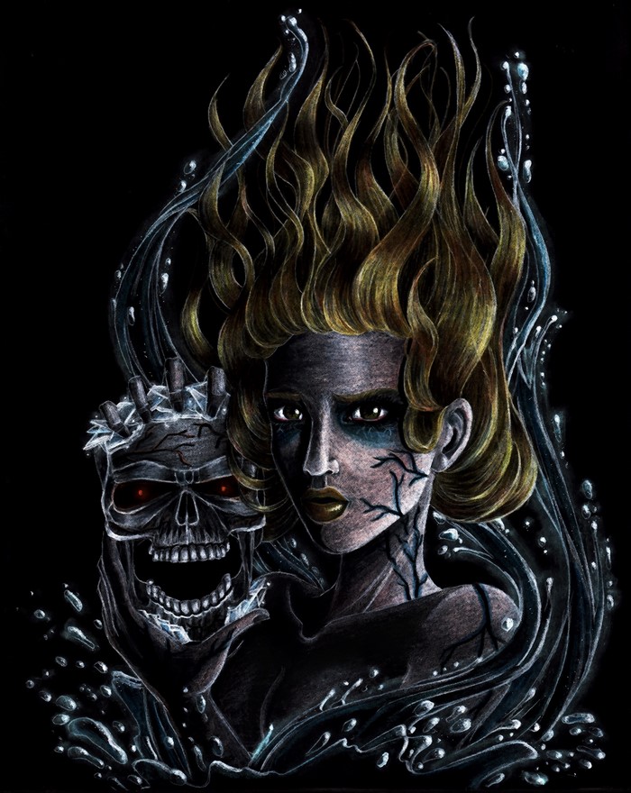 Woman holding a cracked skull with red eyes