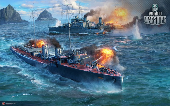 Destroyer Okhotnik firing in World of Warships