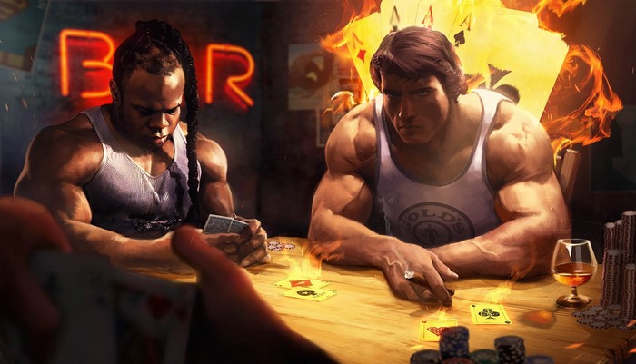 Kai Greene and Arnold Schwarzenegger playing poker with cards on fire