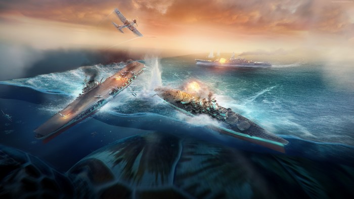 4K World of Warships naval battle with aircraft