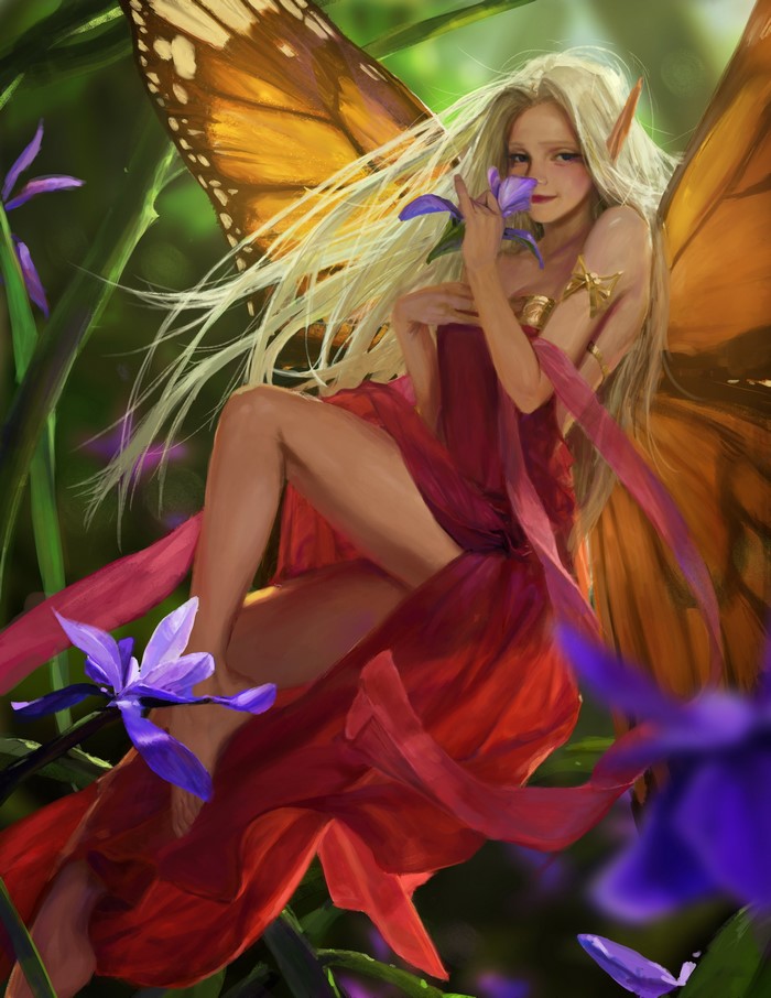 Fairy with Butterfly Wings and Flowers