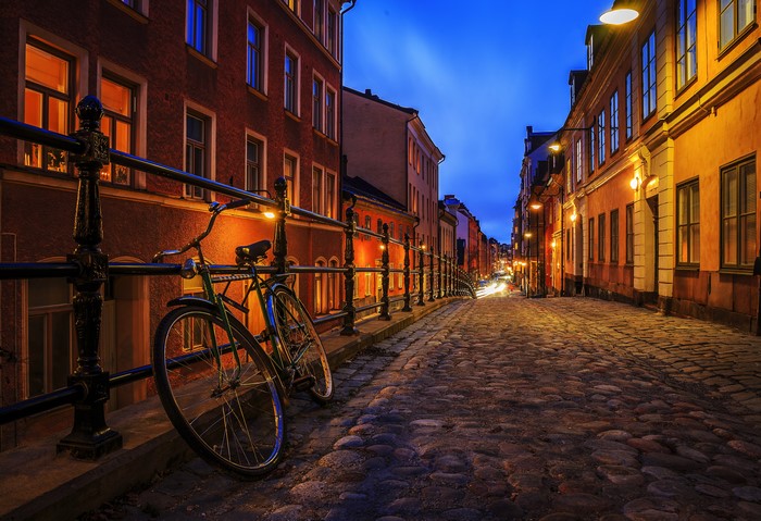 Street at Night with Bicycle in Stockholm, Sweden