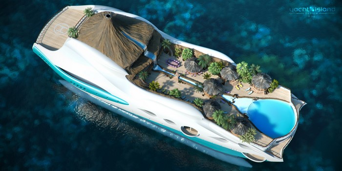 Futuristic Yacht Island with Volcano and Pool