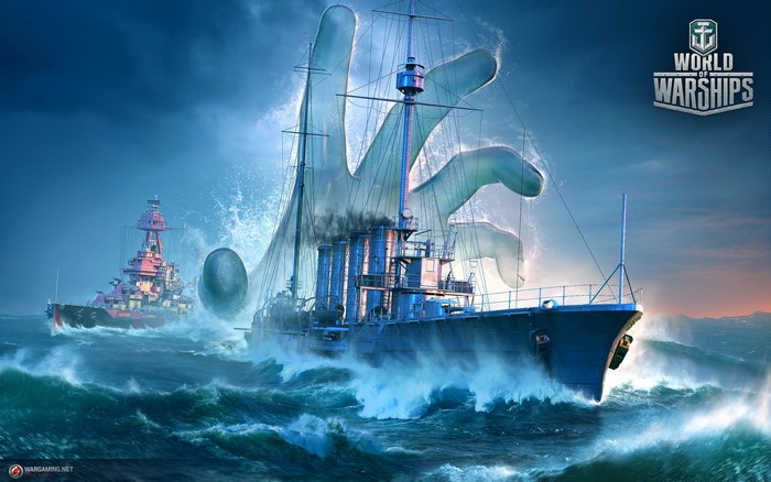 World of Warships: Giant Hand and Battleships in Stormy Seas