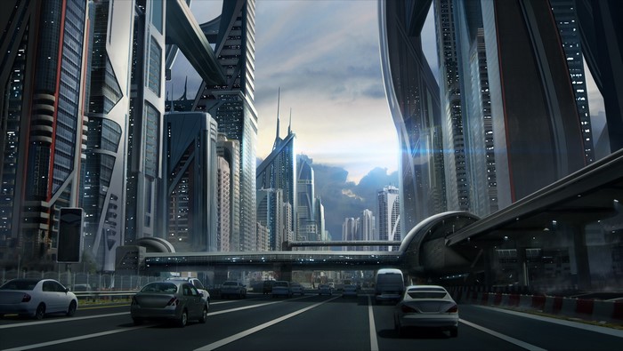 Futuristic city with skyscrapers and elevated transport