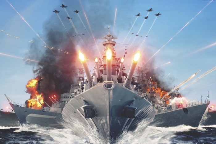 Battleships firing cannons and planes flying in World of Warships