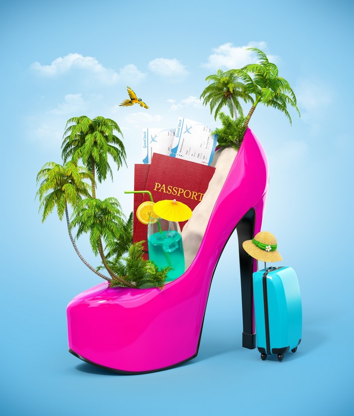 High heel shoe with tropical vacation items