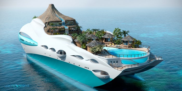 Futuristic Luxury Superyacht with Volcano and Pool