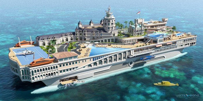 Futuristic 4K Yacht-City with Pool and Helicopter Pads