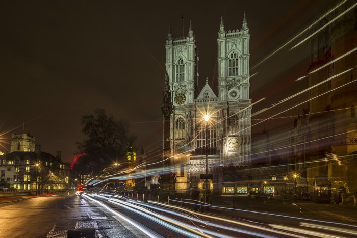 Westminster Abbey at Night with Light Trails
