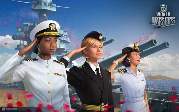 Three women in naval uniforms from World of Warships