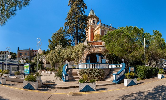 Villa Emma in Opatija, Croatia with ornate stairs and street lights
