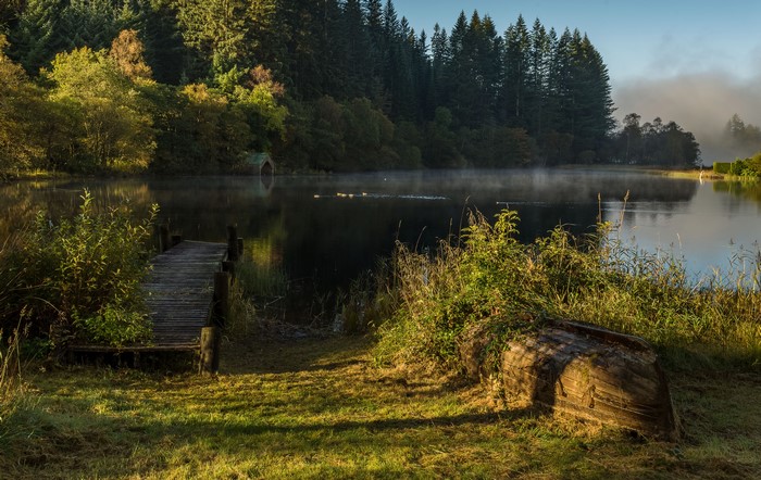 4K Trossachs Scotland Lake with Forest and Boat House