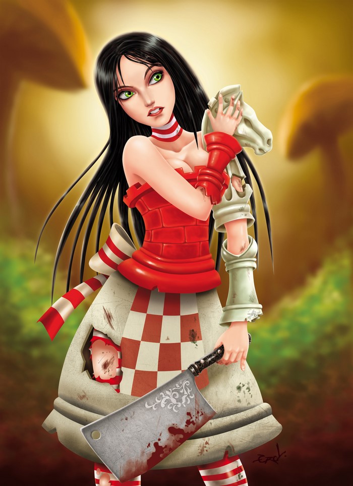 Alice holding a bloody cleaver
