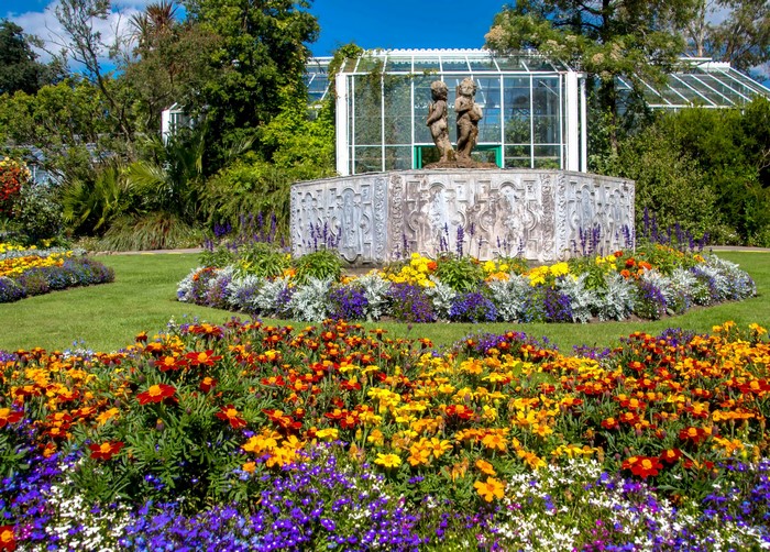 Swansea Botanic Gardens with fountain and flowers