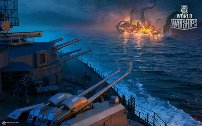 World of Warships: Kraken attacks a burning ship