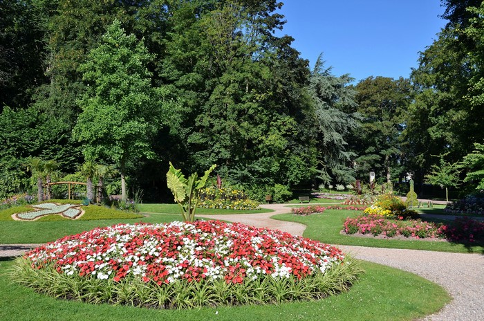 Park in Saint-Ome, France with Begonias and Trees
