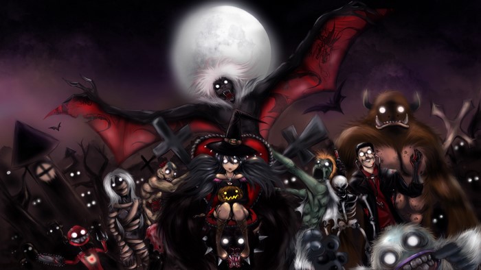 Halloween monsters and a witch under the moon