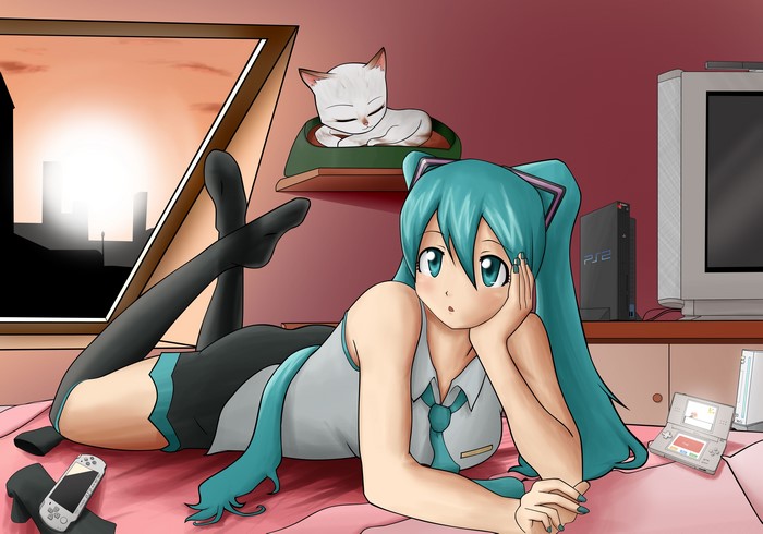Hatsune Miku with a cat and gaming consoles