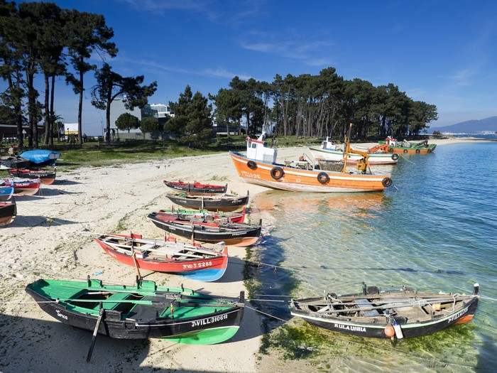 Boats on the beach in Isla de Arosa, Galicia, Spain