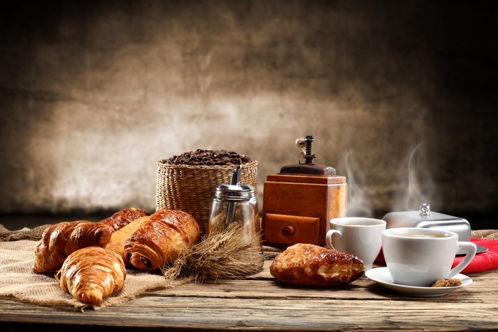 Coffee and Croissants with Coffee Grinder