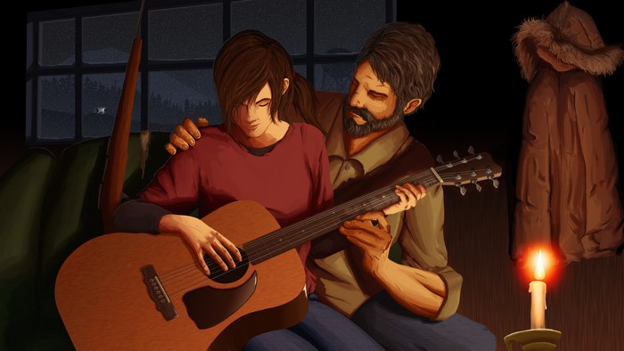 Ellie and Joel from The Last of Us playing guitar