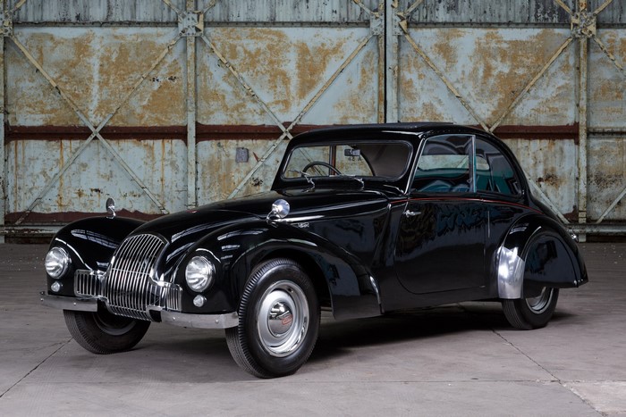 1948 Allard M-Type Coupe in a garage