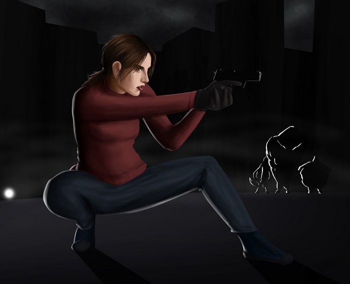 Zoey from Left 4 Dead aiming a pistol at night