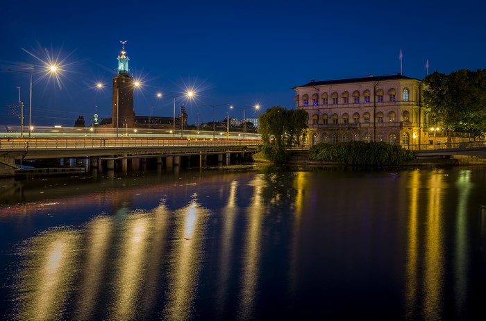 Stockholm City Hall and Parliament House at Night