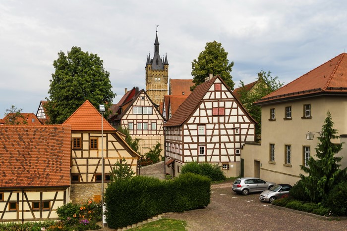 Half-timbered houses and a church tower in Bad Wimpfen, Germany