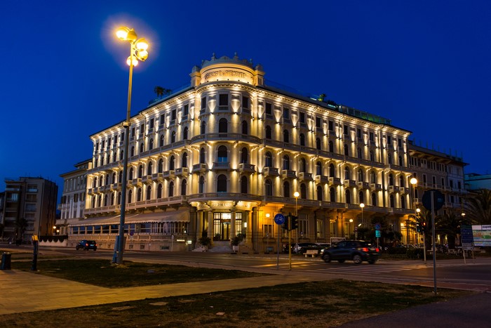 Hotel at night in Viareggio, Tuscany, Italy