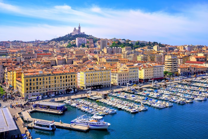 Marseille, France Marina with Notre-de-la-Garde Basilica
